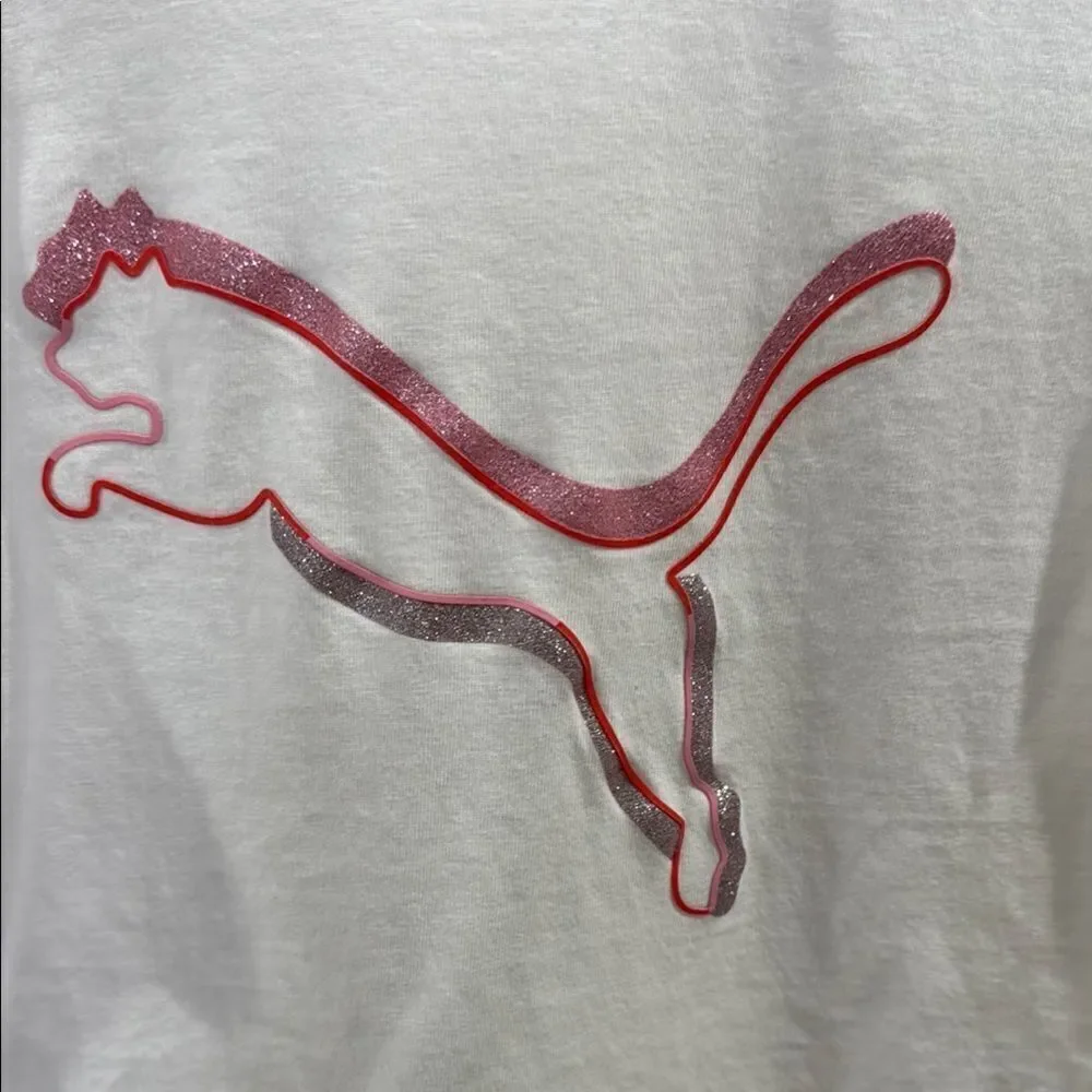 White Puma Tee with Pink Logo and Crew Neck